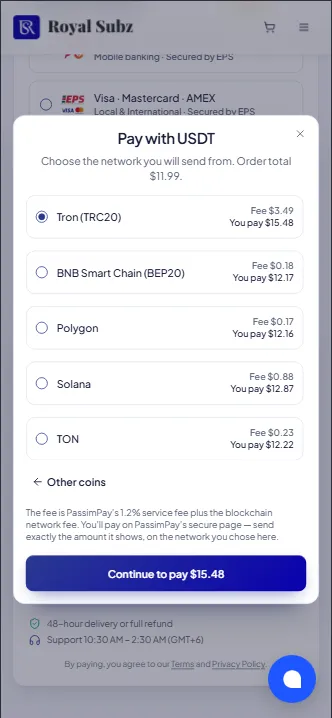 The crypto payment dialog on a phone: choose a coin, then a network, with the fee for each