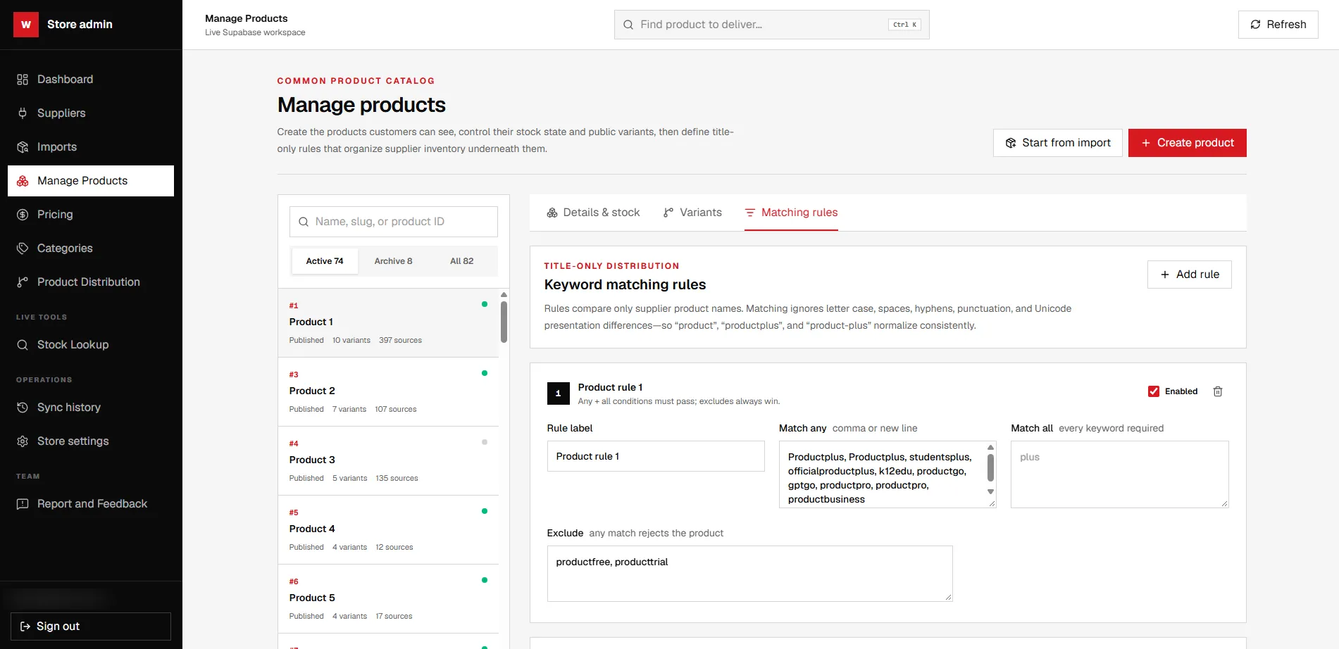 A product's keyword matching rules, with match-any and exclude keyword lists