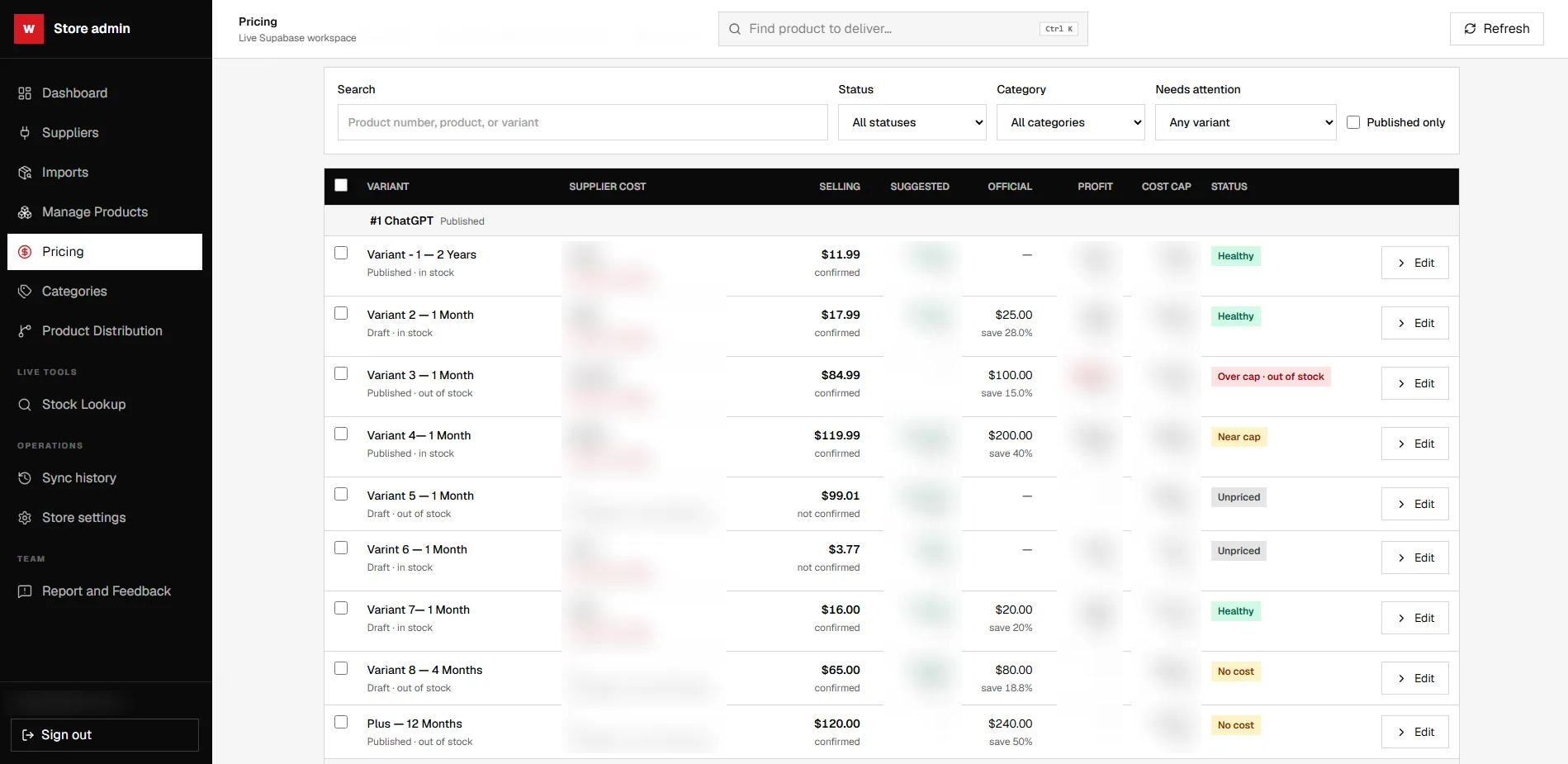 The Pricing screen with guard status chips, grouped variants and an expanded editor with a suggested price