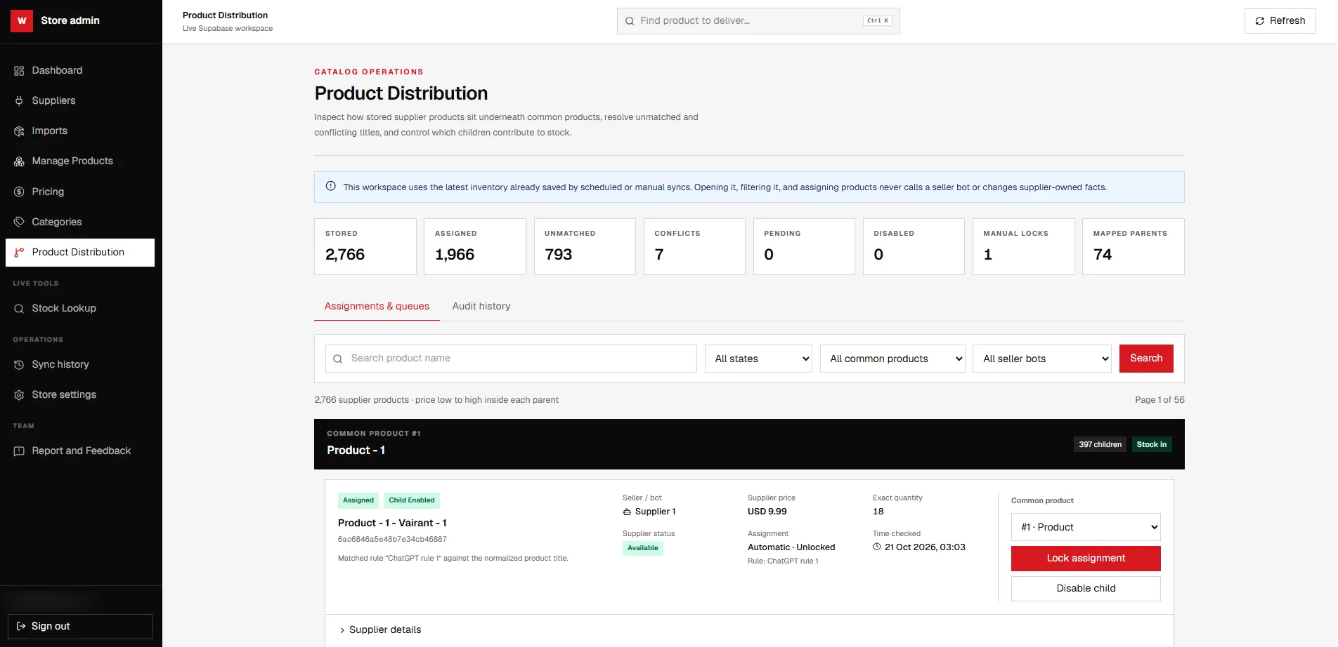 Product Distribution: counts of stored, assigned, unmatched and conflicting listings, with a listing shown under its product