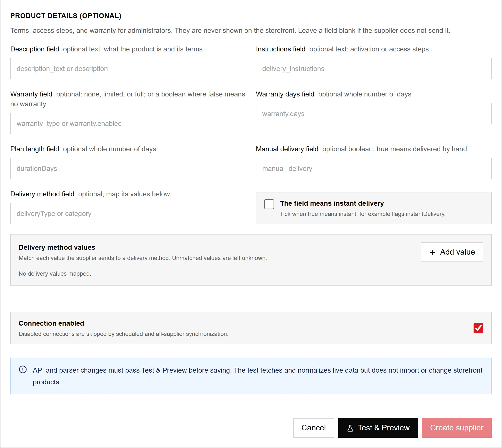 The rest of the Add supplier form: optional product-detail fields, delivery-method mapping and the Test & Preview button