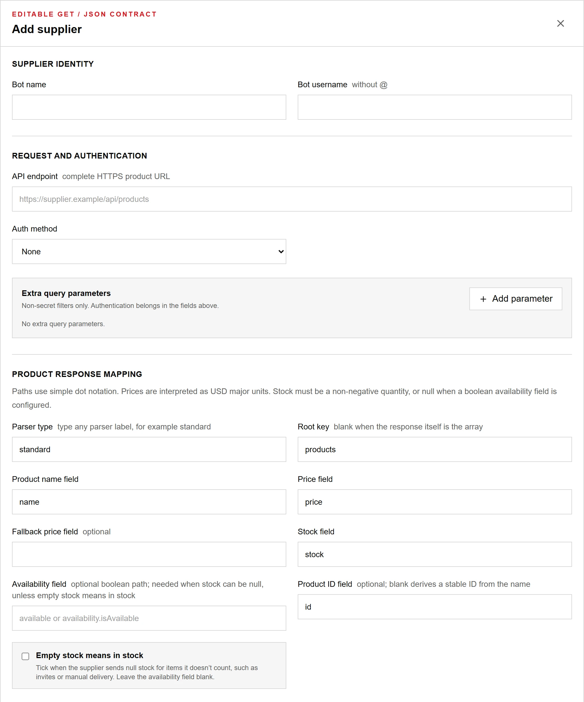 The Add supplier form for simple GET/JSON suppliers: identity, endpoint and authentication, and the product response mapping